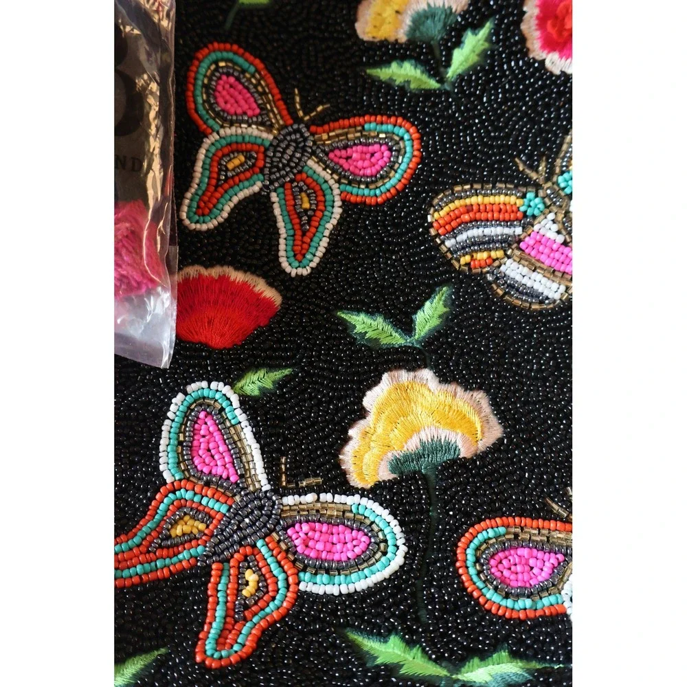 America & Beyond QVC Midnight Butterflies Beaded Tote Set NWT